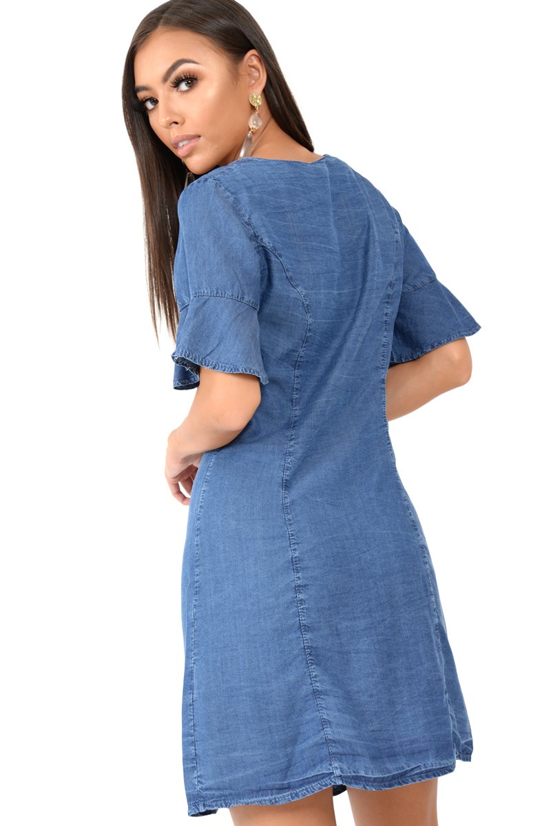 Denim Plunge Short Sleeve Mini Shift Dress - Valeda-Dresses