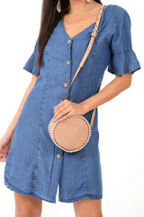 Denim Plunge Short Sleeve Mini Shift Dress - Valeda-Dresses