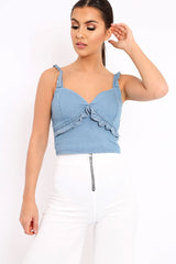 Denim Ruffle Crop Top - Debby-Tops
