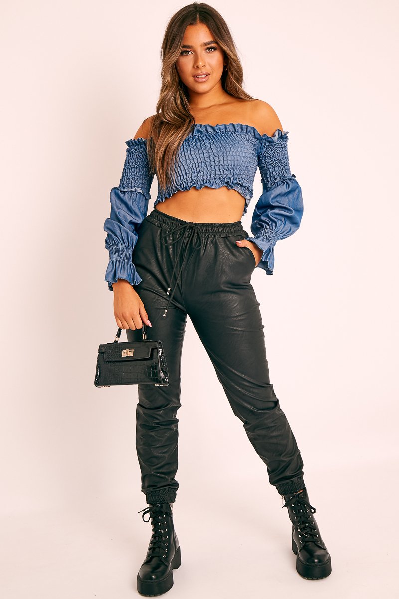 Denim Shirred Wrap Over Bardot Crop Top - Zuri-Crop Tops