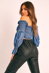 Denim Shirred Wrap Over Bardot Crop Top - Zuri-Crop Tops