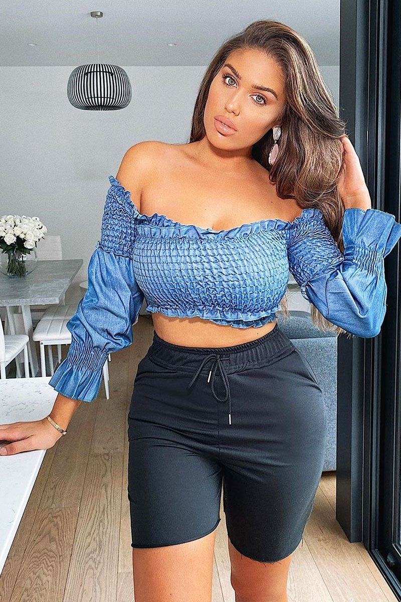 Denim Shirred Wrap Over Bardot Crop Top - Zuri-Crop Tops