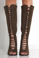 Devon Khaki Suede Knee High Boots-Boots