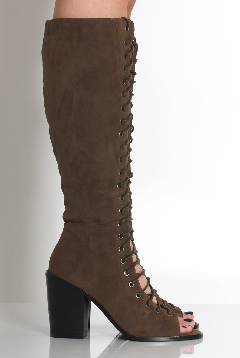 Devon Khaki Suede Knee High Boots-Boots