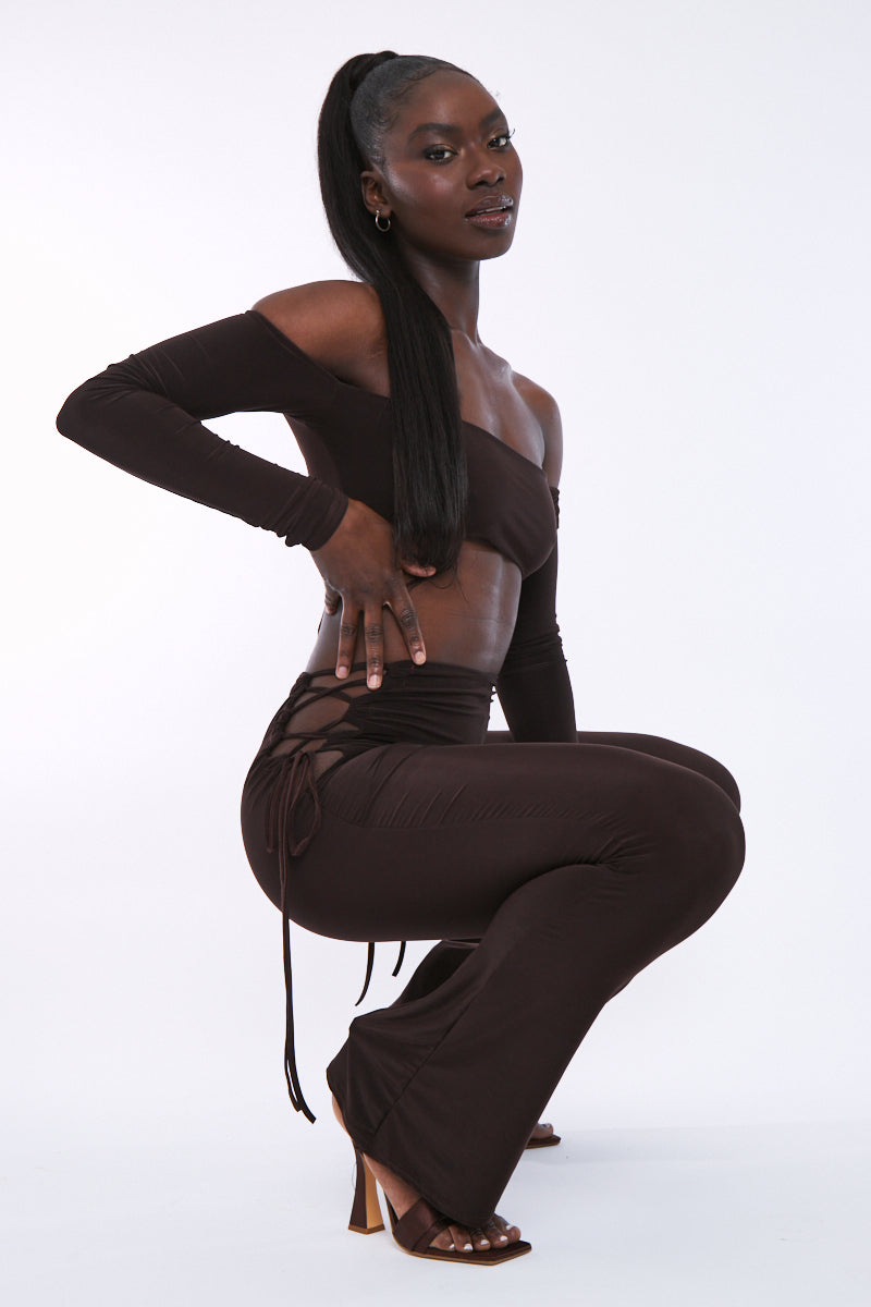 Chocolate Slinky Bardot Crop Top & Lace Up Trouser Set - Shay