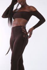 Chocolate Slinky Bardot Crop Top & Lace Up Trouser Set - Shay
