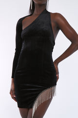 Black One Sleeve Velvet Embellished Mini Dress - Sasha