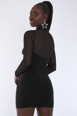 Black Curved Bust Mesh Detail Dress - Emmy
