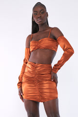 Rust Gathered Front Satin Mini Skirt - Cora