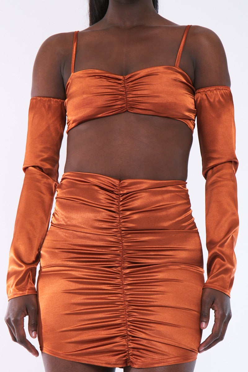 Rust Bardot Satin Crop Top - Alana