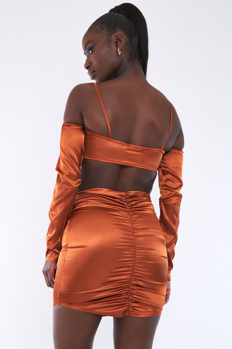 Rust Gathered Front Satin Mini Skirt - Cora