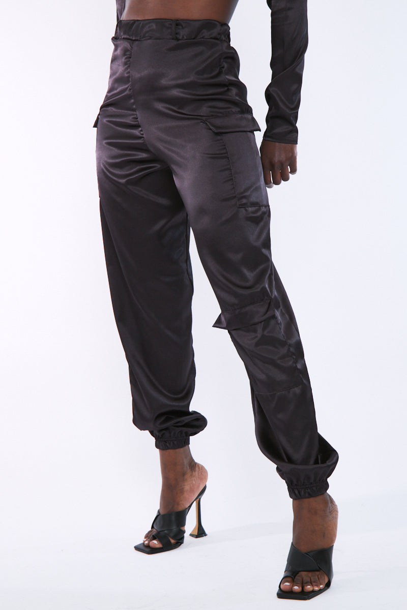 Black Satin Cargo Trousers | Satin Trousers | Rebellious Fashion