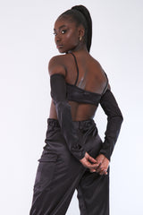 Black Bardot Satin Crop Top - Alana