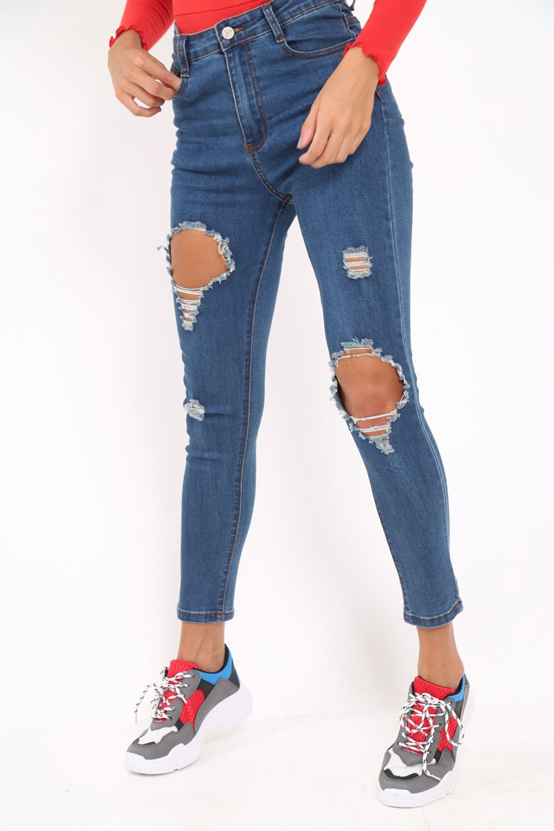 Distressed Dark Denim Skinny Jeans - Delanie-Jeans