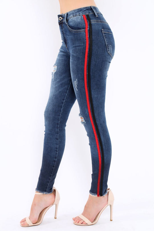 Distressed Denim Jeans with Side Stripes - Abel