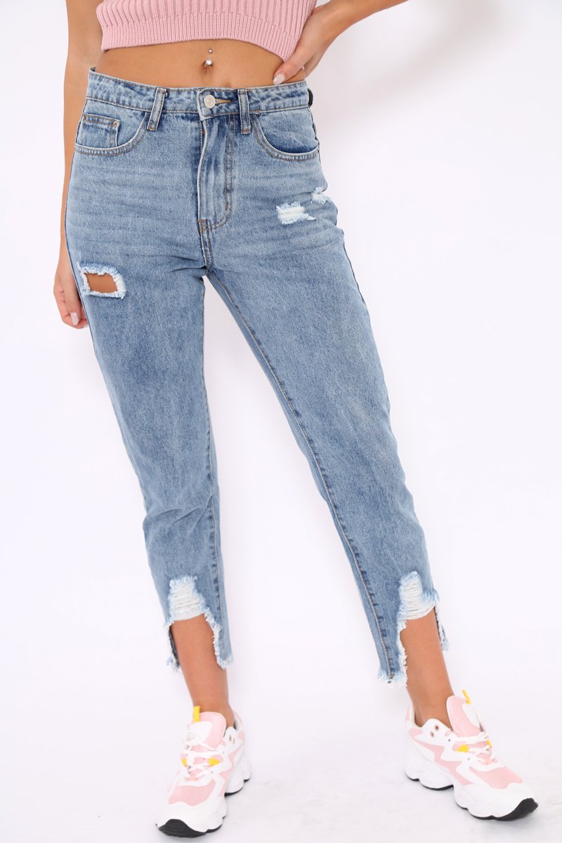 Distressed Split Hem Mom Jeans - Dekota-Jeans