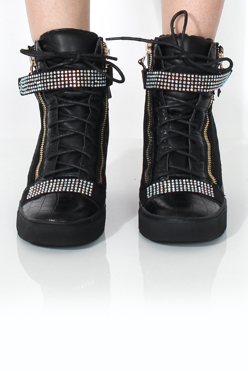 Dixie Black Snakeskin Mesh Wedged Trainer-Wedges