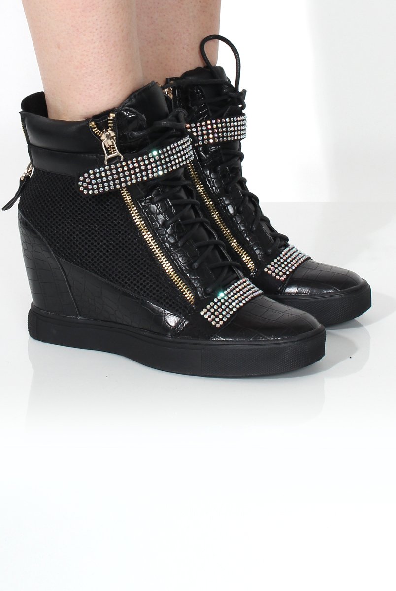 Dixie Black Snakeskin Mesh Wedged Trainer-Wedges