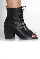 Don Black PU Lace Up Peep Toe Ankle Boots-Boots