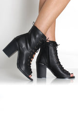 Don Black PU Lace Up Peep Toe Ankle Boots-Boots