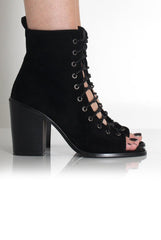 Don Black Suede Lace Up Peep Toe Ankle Boots-Boots