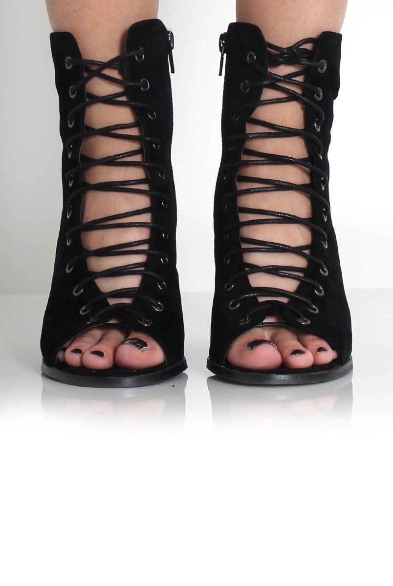 Don Black Suede Lace Up Peep Toe Ankle Boots-Boots