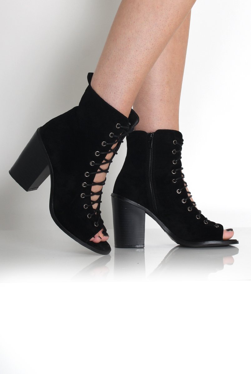 Don Black Suede Lace Up Peep Toe Ankle Boots-Boots