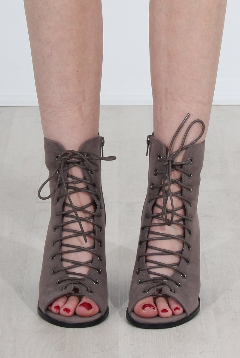 Don Grey Lace Up Peep Toe Ankle Boots-Boots