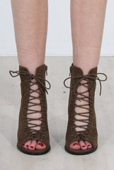 Don Khaki Lace Up Peep Toe Ankle Boots-Boots