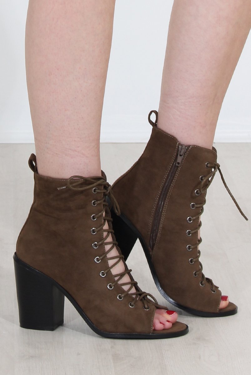 Don Khaki Lace Up Peep Toe Ankle Boots-Boots