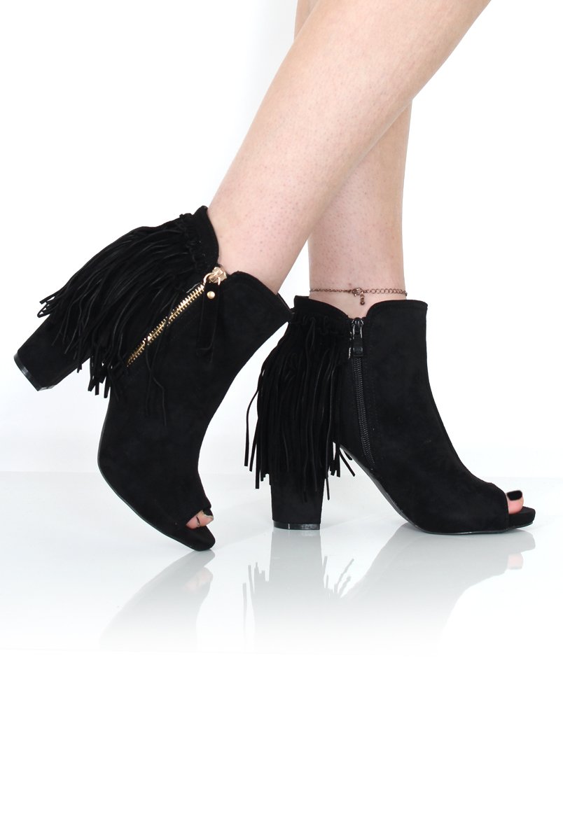 Donna Black Suede Tassel Peep Toe Boots-Boots