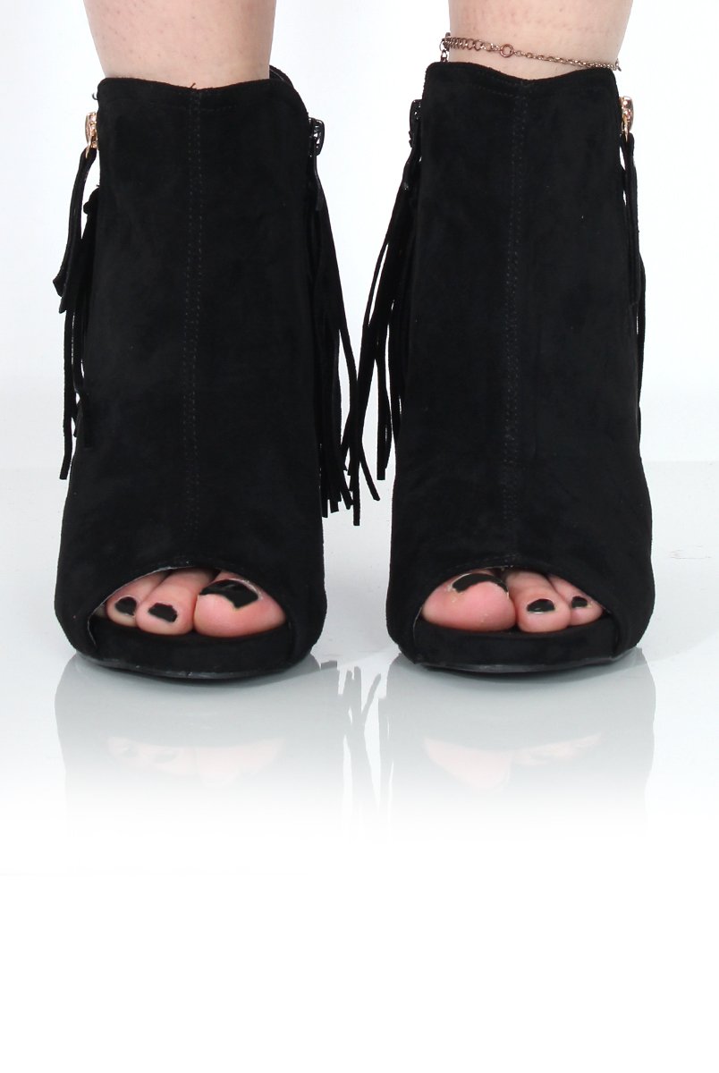 Donna Black Suede Tassel Peep Toe Boots-Boots