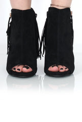 Donna Black Suede Tassel Peep Toe Boots-Boots
