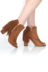 Donna Camel Suede Tassel Peep Toe Boots-Boots