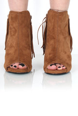 Donna Camel Suede Tassel Peep Toe Boots-Boots