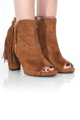 Donna Camel Suede Tassel Peep Toe Boots-Boots
