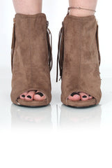 Donna Khaki Suede Tassel Peep Toe Boots-Boots