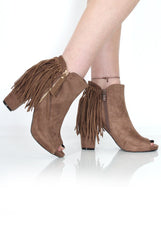 Donna Khaki Suede Tassel Peep Toe Boots-Boots