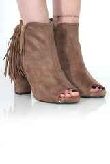 Donna Khaki Suede Tassel Peep Toe Boots-Boots
