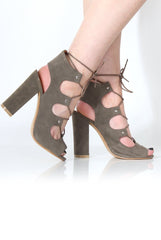 Dorris Khaki Block Lace up heels-Heels