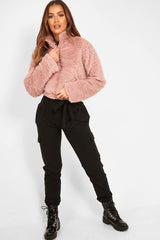 Dusky Pink Borg Zip Front Crop Jacket - Kazi-Jackets