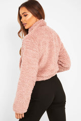 Dusky Pink Borg Zip Front Crop Jacket - Kazi-Jackets