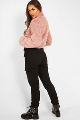 Dusky Pink Borg Zip Front Crop Jacket - Kazi-Jackets