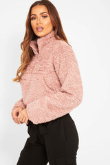 Dusky Pink Borg Zip Front Crop Jacket - Kazi-Jackets