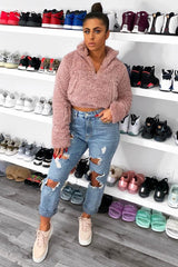 Dusky Pink Borg Zip Front Crop Jacket - Kazi-Jackets