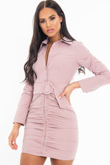 Dusky Pink Button Zip Detail Belted Shirt Dress - Arabelle-Dresses