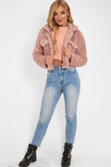 Dusky Pink Cropped Borg Popper Button Coat - Ezmerelda-Coats