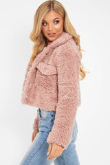 Dusky Pink Cropped Borg Popper Button Coat - Ezmerelda-Coats