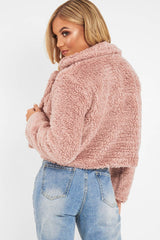 Dusky Pink Cropped Borg Popper Button Coat - Ezmerelda-Coats