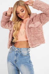 Dusky Pink Cropped Borg Popper Button Coat - Ezmerelda-Coats